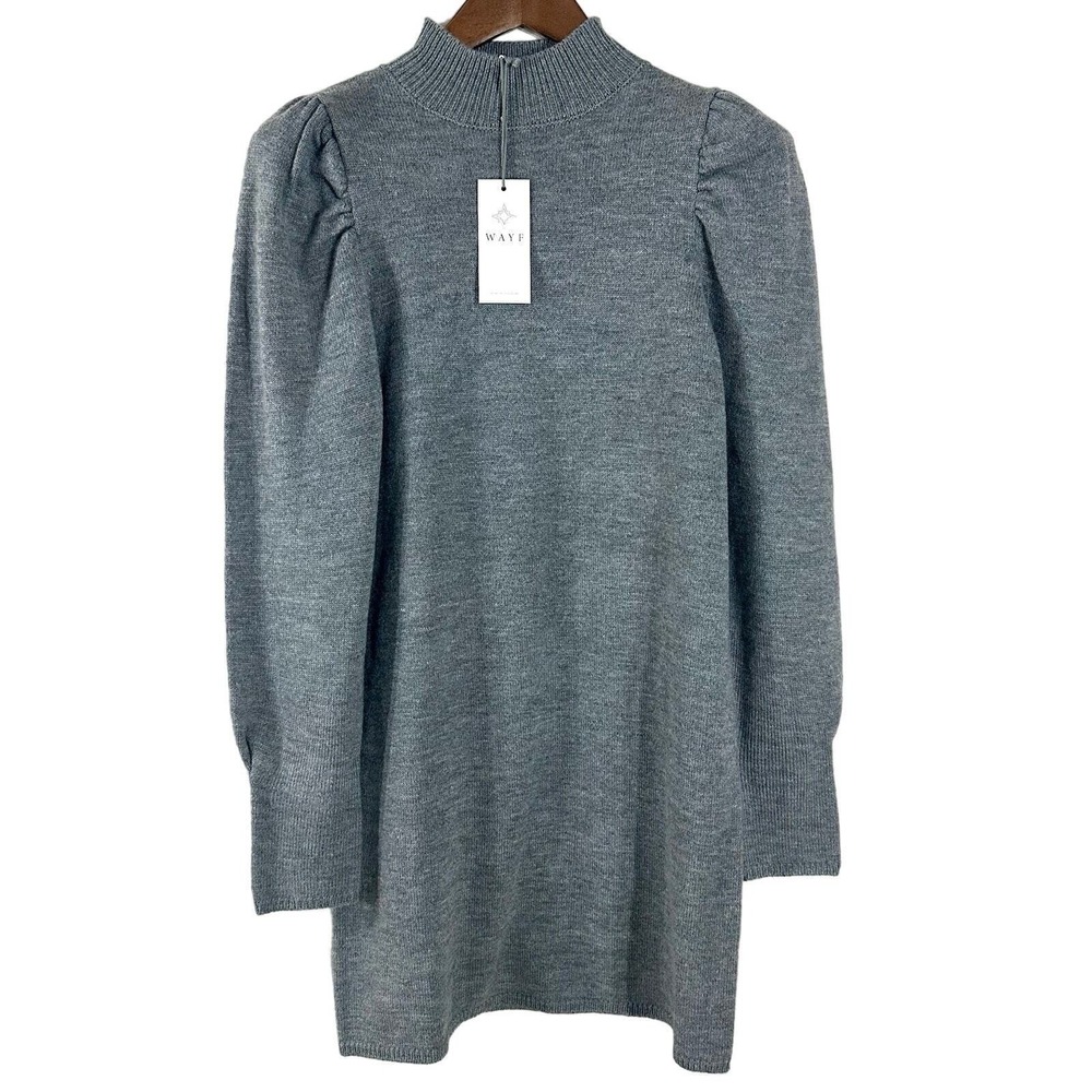WAYF Womens Grey Mock Neck Puff Shoulder Long Sleeve Knit Sweater Dress S NEW